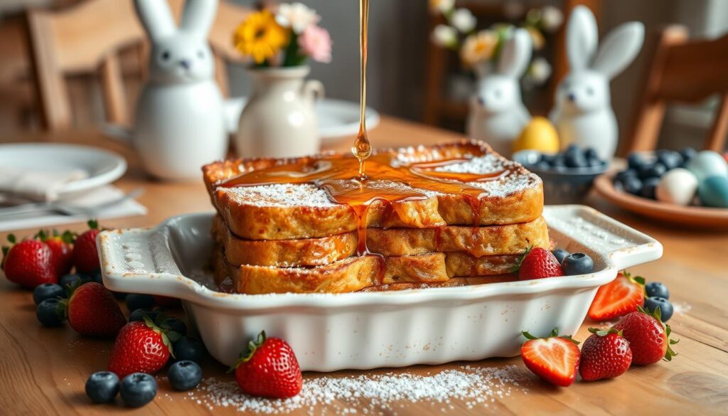 A beautifully arranged French toast bake sits in a rustic, white ceramic dish, golden-brown slices stacked with a crispy edge. Sweet maple syrup glistens on top, and delicate dustings of powdered sugar add a touch of elegance. Surrounding the dish, fresh strawberries and blueberries provide vibrant pops of color, enhancing the inviting appearance. In the background, a softly lit dining table features warm, wooden tones, with seasonal decorations like pastel-colored flowers and Easter-themed accents. The atmosphere is warm and inviting, perfect for a family gathering. Soft, natural lighting illuminates the scene, creating a cozy ambiance. Capture this image from a slightly elevated angle to emphasize the layers of the French toast bake and the decorative elements around it. A beautifully arranged French toast bake sits in a rustic, white ceramic dish, golden-brown slices stacked with a crispy edge. Sweet maple syrup glistens on top, and delicate dustings of powdered sugar add a touch of elegance. Surrounding the dish, fresh strawberries and blueberries provide vibrant pops of color, enhancing the inviting appearance. In the background, a softly lit dining table features warm, wooden tones, with seasonal decorations like pastel-colored flowers and Easter-themed accents. The atmosphere is warm and inviting, perfect for a family gathering. Soft, natural lighting illuminates the scene, creating a cozy ambiance. Capture this image from a slightly elevated angle to emphasize the layers of the French toast bake and the decorative elements around it.