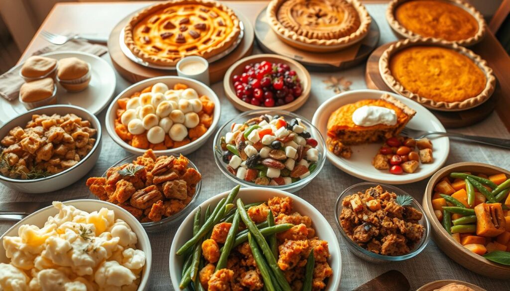 A beautifully arranged Thanksgiving table featuring a variety of optional sides and desserts, showcasing a warm, inviting atmosphere. In the foreground, place bowls of creamy mashed potatoes, vibrant green beans, and fluffy stuffing garnished with herbs. In the middle ground, highlight a delectable sweet potato casserole with marshmallow topping and a colorful cranberry salad. In the background, display an assortment of freshly baked pies—pumpkin, pecan, and apple—on rustic wooden platters. The lighting is soft and warm, reminiscent of golden hour, casting a cozy glow over the scene. Use a slightly angled overhead view to capture the abundance of food, creating an inviting and festive mood perfect for Thanksgiving celebrations.