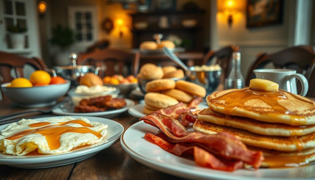 A beautifully arranged breakfast spread, showcasing a variety of mouthwatering dishes on a rustic wooden table. In the foreground, a plate of fluffy scrambled eggs, crispy bacon, and golden-brown pancakes drizzled with maple syrup. In the middle, a buffet display featuring a bowl of fresh fruit, homemade biscuits, and a pot of creamy grits, all accentuated by elegant servingware. In the background, a softly lit dining setting with warm, ambient light casting a cozy glow, complete with classic wooden chairs and a country-style decor. The atmosphere is inviting and cheerful, perfect for a morning gathering. Focus on clarity and detail, with a slight depth of field to emphasize the food in the foreground.