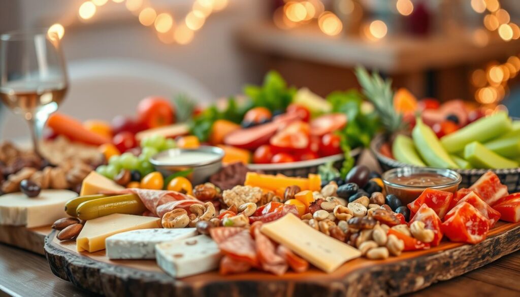 A beautifully arranged selection of party platters featuring a variety of delicious foods. In the foreground, showcase a vibrant cheese and charcuterie platter with various cheeses, cured meats, pickles, and nuts, artfully arranged on a rustic wooden board. Beside it, include a fresh vegetable platter with an assortment of colorful veggies and dips. In the middle, display a delightful fruit platter with seasonal fruits, elegantly styled. The background should feature soft, ambient lighting that creates a warm, inviting atmosphere, with a hint of festive decorations blurred to emphasize the food. Use a shallow depth of field to keep the focus on the platters, captured from an overhead angle to highlight their variety and abundance, evoking a joyful celebration.