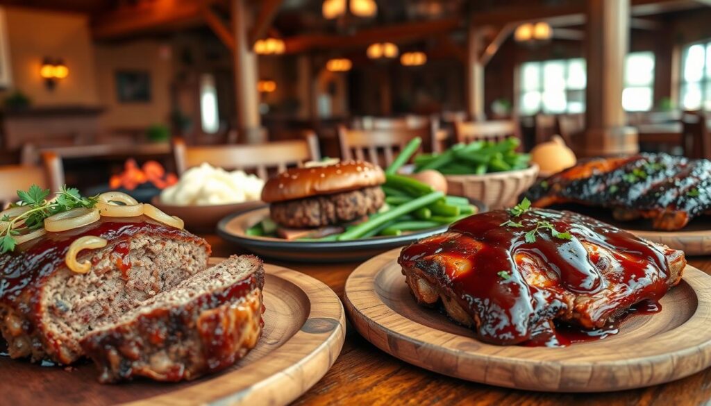 A beautifully arranged table featuring a variety of beef and pork dishes, showcasing a hearty meatloaf glistening with a savory glaze, a juicy hamburger steak topped with sautéed onions, and succulent, smoky ribs drizzled with barbecue sauce. The foreground highlights these dishes on rustic, wooden dinner plates, garnished with fresh herbs. In the middle, a side of creamy mashed potatoes and vibrant green beans enhances the palette. The background consists of a cozy, warmly lit Cracker Barrel setting, with wooden beams and charming decor, giving an inviting atmosphere. The image is captured in soft, natural lighting, suggesting a late afternoon meal, focusing on a slightly elevated angle to emphasize the delicious textures of the food. A beautifully arranged table featuring a variety of beef and pork dishes, showcasing a hearty meatloaf glistening with a savory glaze, a juicy hamburger steak topped with sautéed onions, and succulent, smoky ribs drizzled with barbecue sauce. The foreground highlights these dishes on rustic, wooden dinner plates, garnished with fresh herbs. In the middle, a side of creamy mashed potatoes and vibrant green beans enhances the palette. The background consists of a cozy, warmly lit Cracker Barrel setting, with wooden beams and charming decor, giving an inviting atmosphere. The image is captured in soft, natural lighting, suggesting a late afternoon meal, focusing on a slightly elevated angle to emphasize the delicious textures of the food.