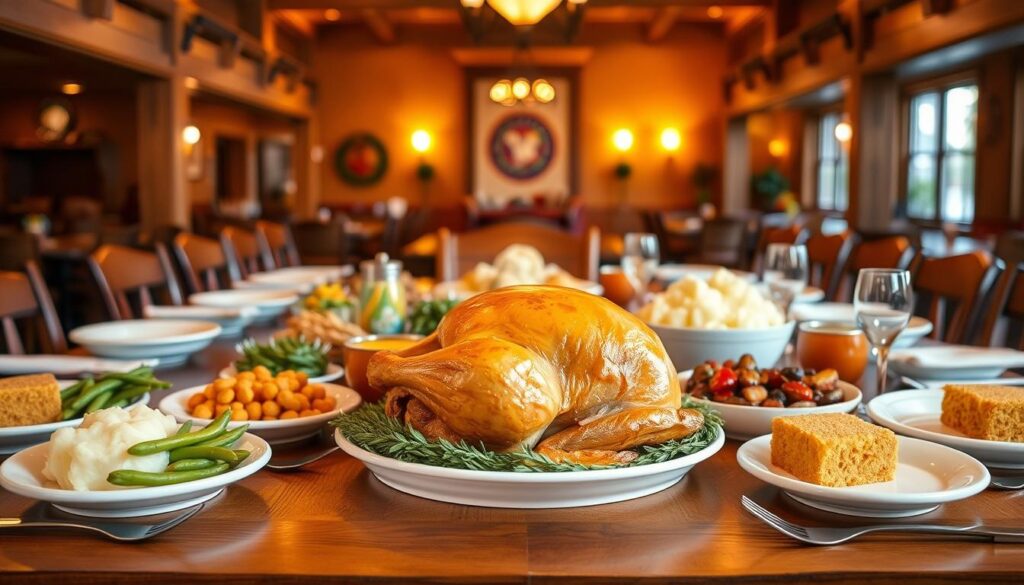 A beautifully arranged table showcasing Cracker Barrel's Heat n' Serve Easter Dinner spread. In the foreground, an inviting centerpiece of golden-brown roasted turkey, surrounded by vibrant sides like fluffy mashed potatoes, green beans, and cornbread. The middle ground features a rustic wooden dining table, adorned with simple yet elegant tableware, such as white plates and shining silverware. The background reveals a cozy, warmly-lit Cracker Barrel restaurant interior, with wooden beams and charming country decor. Soft, ambient lighting casts a warm glow across the scene, creating an inviting and homely atmosphere, perfect for a family gathering. The image is shot from a slightly elevated angle to capture the full expanse of the delicious meal. A beautifully arranged table showcasing Cracker Barrel's Heat n' Serve Easter Dinner spread. In the foreground, an inviting centerpiece of golden-brown roasted turkey, surrounded by vibrant sides like fluffy mashed potatoes, green beans, and cornbread. The middle ground features a rustic wooden dining table, adorned with simple yet elegant tableware, such as white plates and shining silverware. The background reveals a cozy, warmly-lit Cracker Barrel restaurant interior, with wooden beams and charming country decor. Soft, ambient lighting casts a warm glow across the scene, creating an inviting and homely atmosphere, perfect for a family gathering. The image is shot from a slightly elevated angle to capture the full expanse of the delicious meal.