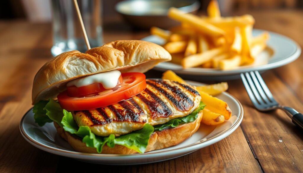 A beautifully plated grilled chicken sandwich sits at the foreground, showcasing a succulent, char-grilled chicken breast with tantalizing grill marks, topped with fresh lettuce, ripe tomatoes, and a dollop of creamy mayonnaise. The sandwich is nestled between two golden brown, lightly toasted brioche buns. In the middle ground, a side of crispy, golden French fries accompanies the dish, sprinkled lightly with sea salt. The background features a rustic wooden table setting, with soft, warm lighting that creates an inviting, cozy atmosphere. An elegant plate adds a touch of sophistication. The overall mood conveys a delicious and satisfying meal perfect for a quick lunch, ideal for an article on comfort food dining. A beautifully plated grilled chicken sandwich sits at the foreground, showcasing a succulent, char-grilled chicken breast with tantalizing grill marks, topped with fresh lettuce, ripe tomatoes, and a dollop of creamy mayonnaise. The sandwich is nestled between two golden brown, lightly toasted brioche buns. In the middle ground, a side of crispy, golden French fries accompanies the dish, sprinkled lightly with sea salt. The background features a rustic wooden table setting, with soft, warm lighting that creates an inviting, cozy atmosphere. An elegant plate adds a touch of sophistication. The overall mood conveys a delicious and satisfying meal perfect for a quick lunch, ideal for an article on comfort food dining.