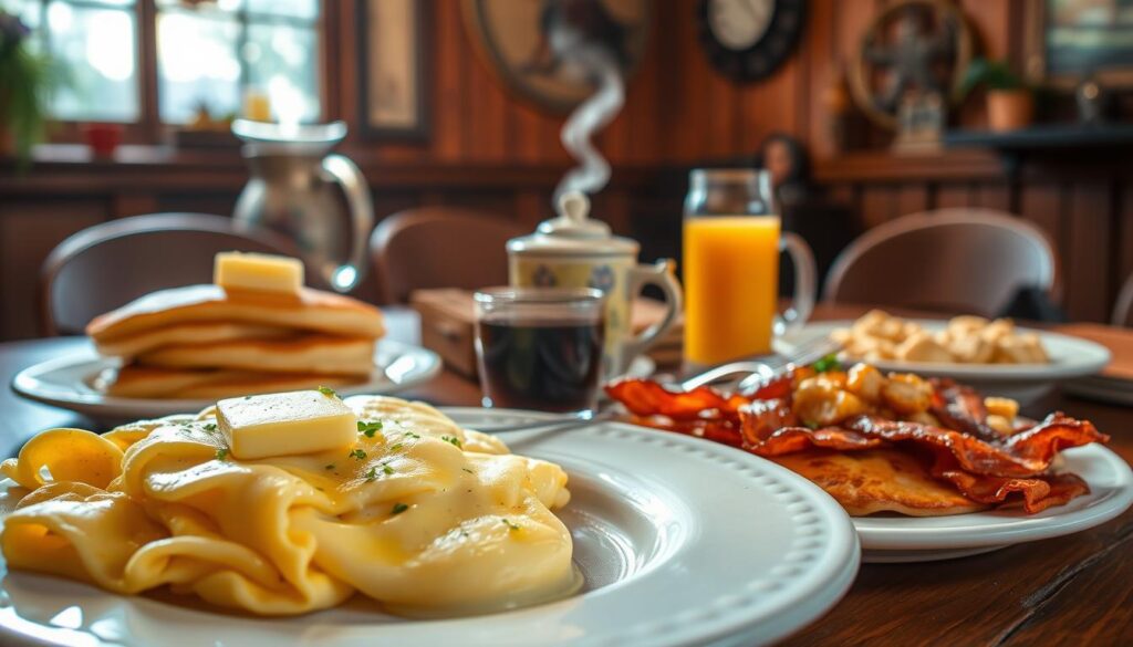 A cozy Cracker Barrel breakfast scene set on a rustic wooden table. In the foreground, a heaping plate of fluffy scrambled eggs, golden-brown pancakes with butter, crispy bacon strips, and a side of grits, all garnished with fresh herbs. In the middle ground, a steaming cup of rich coffee alongside an orange juice pitcher. Soft morning light filters through a window, creating a warm, inviting glow throughout the scene. The background features wooden walls adorned with vintage country decor, enhancing the homey atmosphere. The overall mood is cheerful and homely, perfect for showcasing the all-day breakfast experience at Cracker Barrel.
