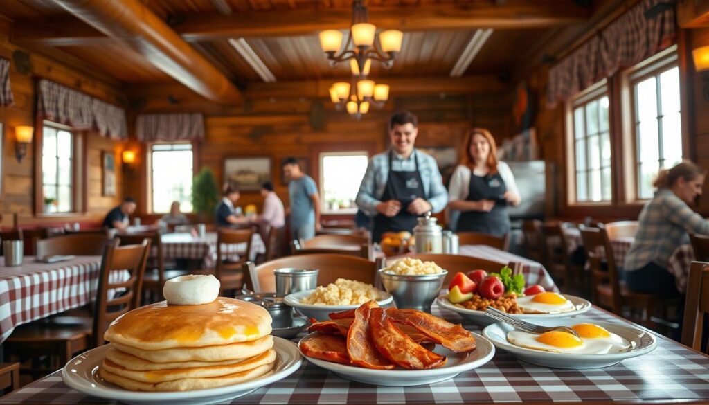 A cozy Cracker Barrel restaurant interior during breakfast hours, featuring a rustic wooden dining area with checkered tablecloths and traditional farmhouse decor. In the foreground, a well-presented breakfast spread on a table, showcasing fluffy pancakes, crispy bacon, scrambled eggs, and fresh fruit. The middle section reveals attentive servers in modest uniforms serving customers with warm smiles, creating a welcoming atmosphere. In the background, large windows allow soft morning light to illuminate the space, highlighting the warm tones of wood and inviting decor. A hint of a bustling kitchen can be seen, suggesting the freshness of breakfast being prepared. The overall mood is cheerful and inviting, perfect for a family breakfast setting.