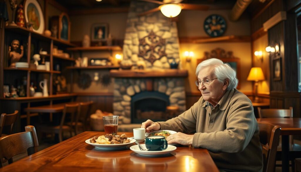 A cozy Cracker Barrel restaurant interior featuring a warm, inviting atmosphere. In the foreground, an elderly couple dressed in modest casual clothing, seated at a wooden table with their meals in front of them, discussing options for senior discounts. The middle ground showcases the rustic decor typical of Cracker Barrel, with wooden shelves adorned with vintage items and a stone fireplace adding warmth. In the background, soft, golden lighting illuminates the space, enhancing the welcoming vibe. The image should be captured from a slightly elevated angle to emphasize the couple and their surroundings, creating a sense of intimacy while showcasing the restaurant's charm. The overall mood should be friendly and relaxed, highlighting the hopeful spirit of finding economical dining alternatives.