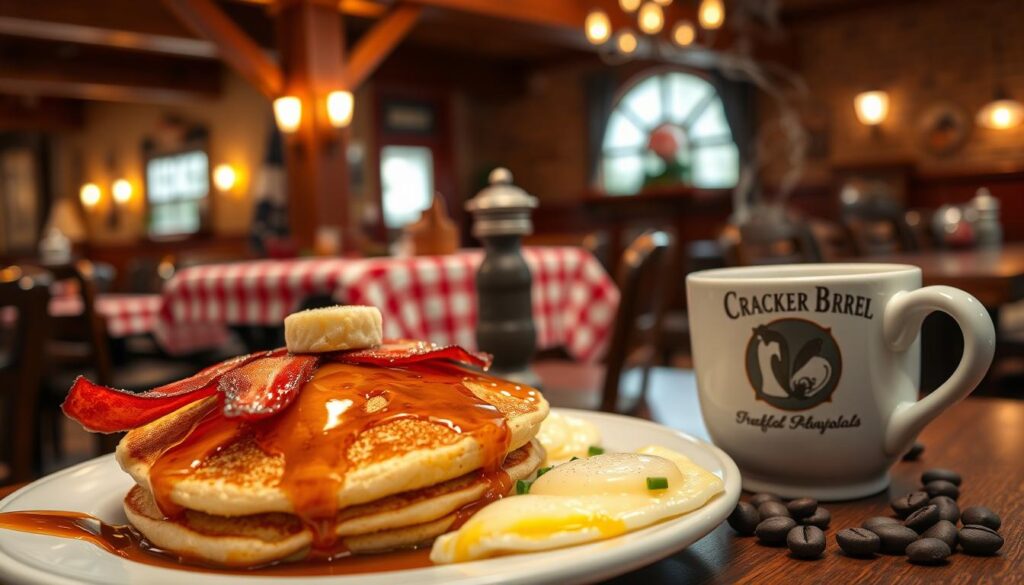 A cozy breakfast scene at a rustic Cracker Barrel-style diner. In the foreground, a hearty plate of fluffy pancakes drizzled with maple syrup, crispy bacon strips, and scrambled eggs garnished with fresh chives. Beside it, a steaming cup of freshly brewed coffee with a few coffee beans scattered nearby. In the middle, a small wooden table featuring a red and white checkered tablecloth, and a vintage salt and pepper shaker set. The background showcases a warm, inviting atmosphere with wooden beams, country-style decor, and softly glowing wall sconces. The lighting is warm and inviting, mimicking a sunny morning glow. The image should convey a homestyle, comforting vibe, perfect for showcasing breakfast options available throughout the day. A cozy breakfast scene at a rustic Cracker Barrel-style diner. In the foreground, a hearty plate of fluffy pancakes drizzled with maple syrup, crispy bacon strips, and scrambled eggs garnished with fresh chives. Beside it, a steaming cup of freshly brewed coffee with a few coffee beans scattered nearby. In the middle, a small wooden table featuring a red and white checkered tablecloth, and a vintage salt and pepper shaker set. The background showcases a warm, inviting atmosphere with wooden beams, country-style decor, and softly glowing wall sconces. The lighting is warm and inviting, mimicking a sunny morning glow. The image should convey a homestyle, comforting vibe, perfect for showcasing breakfast options available throughout the day.