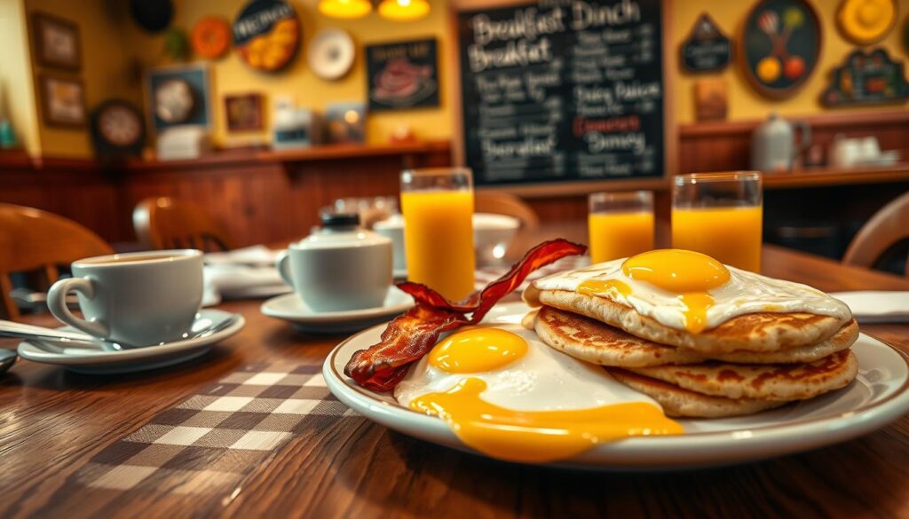 A cozy breakfast scene at a rustic diner, featuring a large wooden table set for a hearty meal. In the foreground, a plate overflowing with fluffy pancakes, crispy bacon, and sunny-side-up eggs, glistening with a drizzle of maple syrup. A steaming cup of freshly brewed coffee sits alongside a glass of orange juice. In the middle, a classic checkered tablecloth adds charm, while scattered utensils and napkins create a homey feel. In the background, warm, soft lighting illuminates vintage diner decor, with a chalkboard menu featuring breakfast, lunch, and dinner items. The atmosphere is inviting and cheerful, perfect for a family gathering to enjoy breakfast any time of day. The lens captures the scene from a slightly elevated angle to highlight the food and ambiance. A cozy breakfast scene at a rustic diner, featuring a large wooden table set for a hearty meal. In the foreground, a plate overflowing with fluffy pancakes, crispy bacon, and sunny-side-up eggs, glistening with a drizzle of maple syrup. A steaming cup of freshly brewed coffee sits alongside a glass of orange juice. In the middle, a classic checkered tablecloth adds charm, while scattered utensils and napkins create a homey feel. In the background, warm, soft lighting illuminates vintage diner decor, with a chalkboard menu featuring breakfast, lunch, and dinner items. The atmosphere is inviting and cheerful, perfect for a family gathering to enjoy breakfast any time of day. The lens captures the scene from a slightly elevated angle to highlight the food and ambiance.