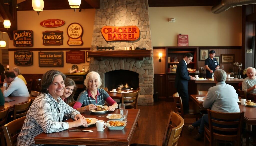 A cozy dine-in restaurant scene at Cracker Barrel, showcasing a warm, inviting atmosphere. In the foreground, a family of four sits at a wooden table, enjoying their meals; they are dressed in casual yet tidy clothing, smiling and engaged in conversation. The middle ground features a well-lit dining area with rustic wooden decor, including vintage signs and a stone fireplace, adding to the charm. In the background, waitstaff in professional attire are serving food and beverages, contributing to the bustling yet relaxed ambiance. The lighting is soft and warm, creating a comfortable space. The angle captures the interactions among guests and staff, illustrating a welcoming dining experience.