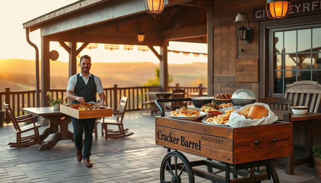 A cozy pickup and delivery scene at a charming Cracker Barrel restaurant. In the foreground, a friendly delivery person in a smart casual outfit stands beside a vintage wooden cart filled with delicious food items, showcasing today's specials. The middle ground features a welcoming patio area with rustic wooden tables and authentic Cracker Barrel decor, including rocking chairs and country-style accents. In the background, a quaint landscape of rolling hills and a warm sunset casts a golden glow, enhancing the inviting atmosphere. Soft, natural lighting highlights the fresh, home-cooked meals, creating a warm and appetizing mood. The overall composition captures the essence of enjoying Cracker Barrel's specialties through convenient pickup and delivery options. A cozy pickup and delivery scene at a charming Cracker Barrel restaurant. In the foreground, a friendly delivery person in a smart casual outfit stands beside a vintage wooden cart filled with delicious food items, showcasing today's specials. The middle ground features a welcoming patio area with rustic wooden tables and authentic Cracker Barrel decor, including rocking chairs and country-style accents. In the background, a quaint landscape of rolling hills and a warm sunset casts a golden glow, enhancing the inviting atmosphere. Soft, natural lighting highlights the fresh, home-cooked meals, creating a warm and appetizing mood. The overall composition captures the essence of enjoying Cracker Barrel's specialties through convenient pickup and delivery options.