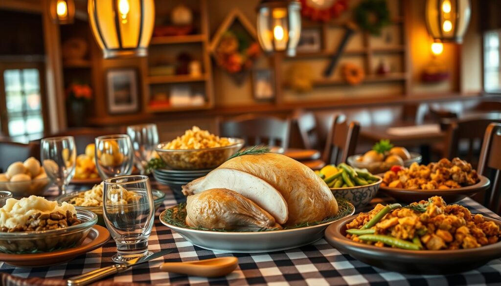 A cozy table set for a festive Thanksgiving meal at a Cracker Barrel restaurant, featuring a variety of heat and serve dishes. In the foreground, a turkey centerpiece garnished with herbs, surrounded by classic sides like mashed potatoes, green bean casserole, cranberry sauce, and stuffing. Crystal-clear glassware reflects warm golden light from decorative lanterns hanging overhead, creating an inviting atmosphere. In the middle ground, rustic wooden platters display generous portions, with a checkered tablecloth adding a touch of tradition. In the background, the warm interior of the restaurant showcases charming vintage decor, including wooden shelves and autumn-themed decorations. The overall mood is heartwarming and festive, perfect for a family gathering. Soft focus to emphasize the meal with a slight depth of field, simulating a cozy, intimate dining experience.