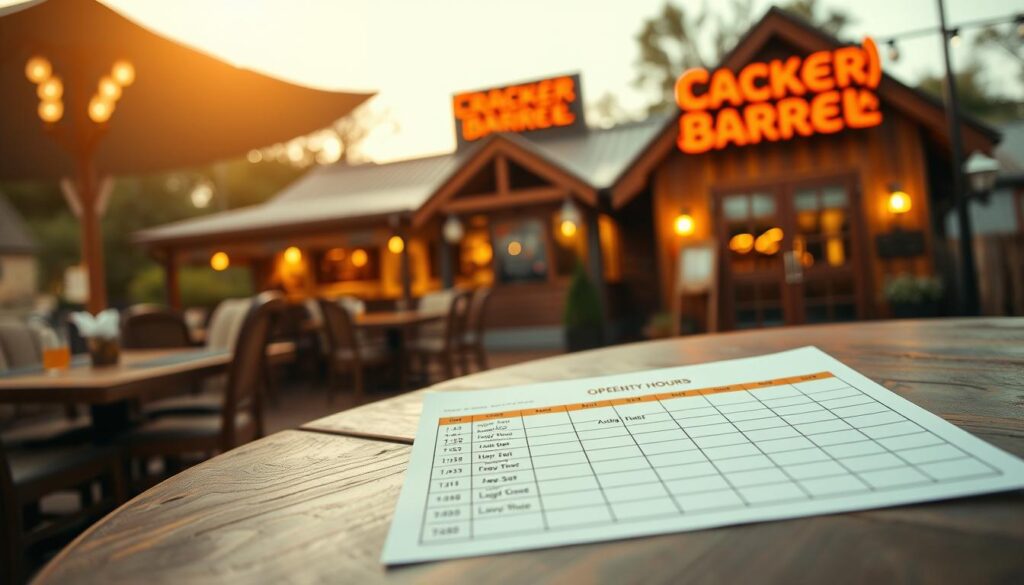 A detailed visual representation of a Cracker Barrel schedule, prominently featuring the restaurant's typical operating hours. The foreground showcases a rustic wooden table with a neatly arranged printed schedule on top, emphasizing clarity and professionalism. In the middle, include a cozy, inviting Cracker Barrel dining environment, with warm, ambient lighting and classic wooden décor, creating a welcoming atmosphere. The background captures the iconic exterior of a Cracker Barrel restaurant, highlighting its traditional architecture and a sign displaying the restaurant's name but no text. Use soft focus techniques to create a warm and inviting mood, with natural, golden hour lighting that casts gentle shadows, enhancing the overall homely feel of the scene.
