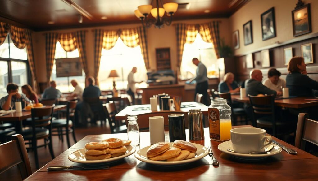 A serene and inviting Cracker Barrel restaurant interior during early morning, capturing the essence of a smooth and pleasant dining experience. In the foreground, a well-set wooden table with classic southern breakfast dishes, including pancakes, biscuits, and coffee, creates an inviting atmosphere. The middle layer features a warm, bustling scene with friendly staff in smart casual attire serving customers. In the background, large windows let in soft, golden morning light, illuminating rustic decor with plaid curtains and vintage photographs, enhancing the cozy ambiance. The overall mood is friendly and welcoming, evoking feelings of comfort and anticipation for a delightful visit. Use a warm, soft focus to emphasize the inviting nature of the experience, captured from a slightly elevated angle for depth. A serene and inviting Cracker Barrel restaurant interior during early morning, capturing the essence of a smooth and pleasant dining experience. In the foreground, a well-set wooden table with classic southern breakfast dishes, including pancakes, biscuits, and coffee, creates an inviting atmosphere. The middle layer features a warm, bustling scene with friendly staff in smart casual attire serving customers. In the background, large windows let in soft, golden morning light, illuminating rustic decor with plaid curtains and vintage photographs, enhancing the cozy ambiance. The overall mood is friendly and welcoming, evoking feelings of comfort and anticipation for a delightful visit. Use a warm, soft focus to emphasize the inviting nature of the experience, captured from a slightly elevated angle for depth.