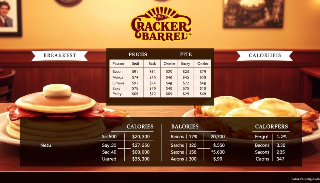 A visually appealing and organized infographic-style image showcasing a Cracker Barrel breakfast menu focused on prices and calories at a glance. The foreground features prominently illustrated breakfast dishes like fluffy pancakes, crispy bacon, and hearty omelets, beautifully plated with fresh ingredients. In the middle layer, elegant charts or tables display the prices next to corresponding calorie counts in a clear and visually engaging format. The background includes a warm, rustic setting reminiscent of a classic diner, accented with wood paneling and soft lighting that creates an inviting atmosphere. The composition should utilize a clean layout, with a focus on easy readability and appealing color contrast, ensuring the overall effect is appetizing and informative, without any text overlays or distractions. A visually appealing and organized infographic-style image showcasing a Cracker Barrel breakfast menu focused on prices and calories at a glance. The foreground features prominently illustrated breakfast dishes like fluffy pancakes, crispy bacon, and hearty omelets, beautifully plated with fresh ingredients. In the middle layer, elegant charts or tables display the prices next to corresponding calorie counts in a clear and visually engaging format. The background includes a warm, rustic setting reminiscent of a classic diner, accented with wood paneling and soft lighting that creates an inviting atmosphere. The composition should utilize a clean layout, with a focus on easy readability and appealing color contrast, ensuring the overall effect is appetizing and informative, without any text overlays or distractions.