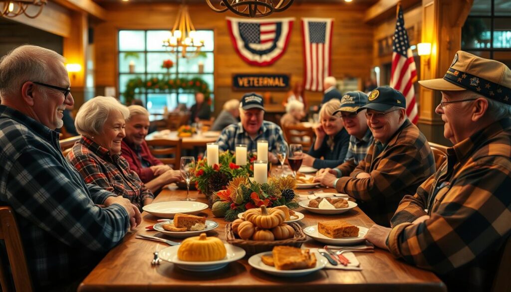 A warm and inviting scene depicting a cozy Cracker Barrel restaurant on Veterans Day. In the foreground, a diverse group of dressed veterans in casual yet respectful attire, engaged in conversation and enjoying a festive meal together, highlighting camaraderie. The middle ground features a rustic wooden table adorned with traditional comfort food, pumpkin pie, and seasonal decorations, evoking a sense of celebration. In the background, a beautifully decorated restaurant interior with flags and patriotic decor, soft golden lighting enhancing the welcoming atmosphere. The image captures a heartwarming sense of gratitude and community, with the lens angle focused to draw attention to the joyful expressions of the diners. The overall mood is one of honor and celebration, perfect for the theme of Veterans Day.
