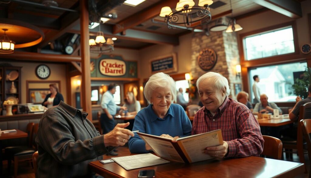 A welcoming Cracker Barrel restaurant interior, showcasing a cozy and rustic atmosphere. In the foreground, a well-dressed elderly couple, dressed in modest casual clothing, are examining a menu at a wooden table. Their expressions reflect curiosity and excitement. In the middle ground, friendly servers are interacting with other customers, contributing to a warm, inviting ambiance. The background features classic decor including old-fashioned memorabilia, wooden beams, and a stone fireplace, bathed in soft, warm lighting that enhances the homely feel. The scene is captured with a slightly elevated angle to provide a clear view of the couple and their surroundings, fostering an inclusive and community-oriented atmosphere. The overall mood is cheerful and welcoming, ideal for diners looking for comfort food and friendly service.
